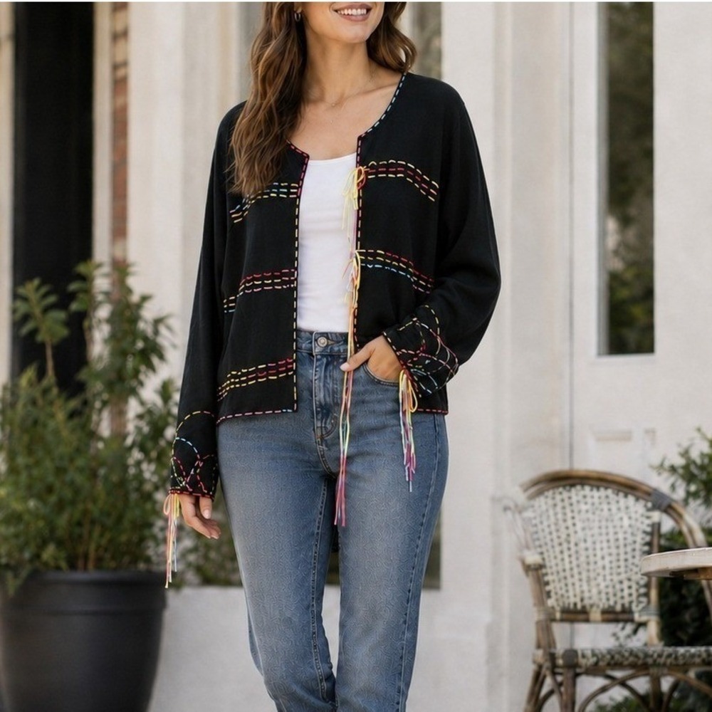 Yarns & Stitches Cardigan Women XL Black Whimsical Artsy Cottagecore Y2k